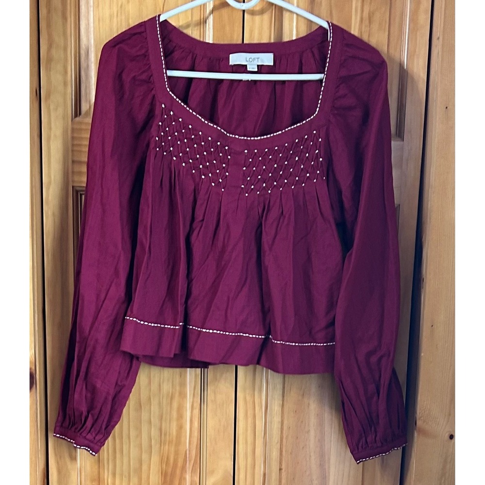 Loft Women's S Embroidered Sweetheart Neck Blouse Burgundy Long Sleeve NWOT